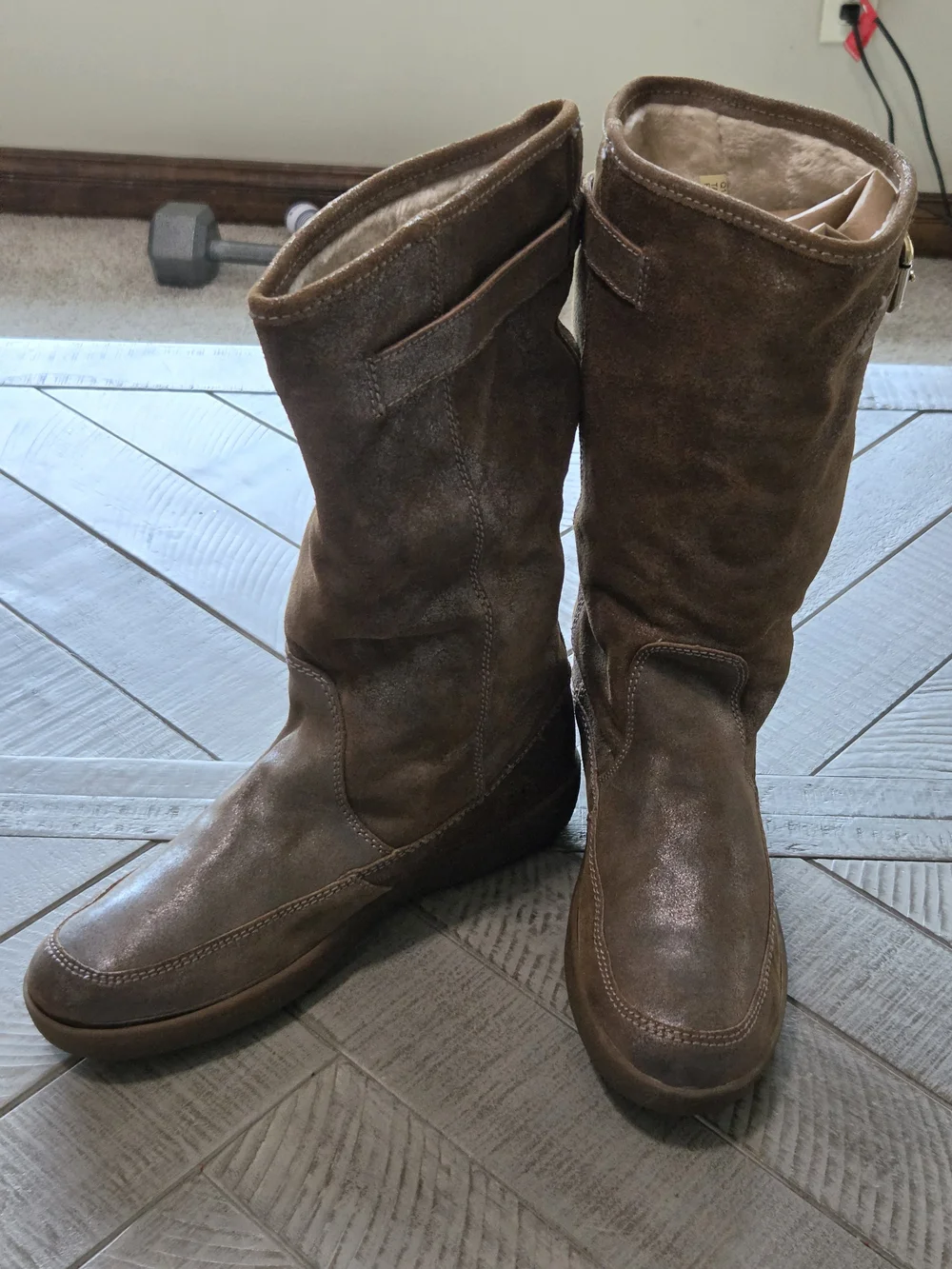Coach Tanesha Women's Brown Metallic Suede Mid-Calf Buckle Faux Fur Lined Boots